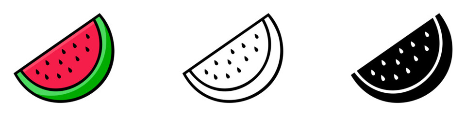 Colored and black watermelon slices. Watermelon icons isolated on white background. Vector illustration.