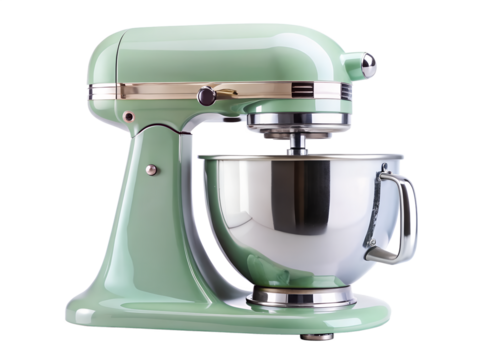 A light green kitchenaid stand mixer with a stainless steel bowl isolated on a transparent background