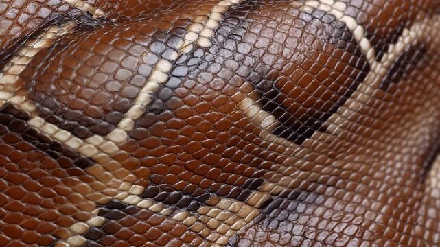 Closeup movement of vibrant brown python skin revealing detailed scale patterns