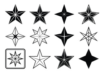 Obraz premium Set of Twelve Black and White Star Icons with Different Shapes and Styles