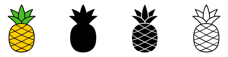 Colored and black pineapples. Pineapple icons isolated on white background. Vector illustration.