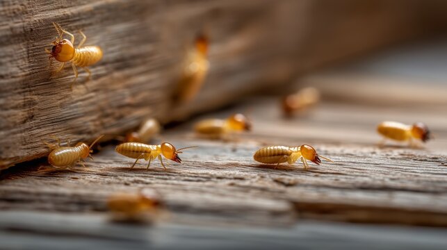 Close-up of termites on damaged wooden furniture. Pest infestation, extermination or pest insect control solutions in the household. 