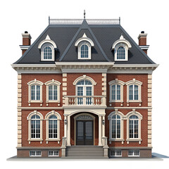 Ornate vintage dollhouse mansion detailed miniature architecture with multiple windows and mansard roof transparent background