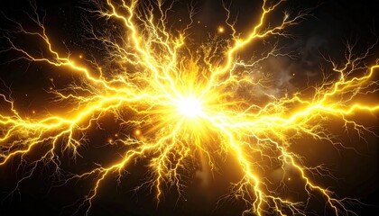 Golden energy burst with bright lightning streaks explodes across dark background
