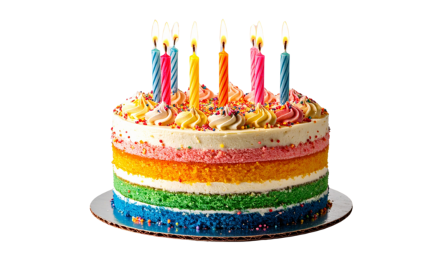 Birthday Cake PNG, Colorful Icing with Candles, Transparent Background, Celebration and Party Dessert