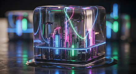 A futuristic cityscape model encased within a glowing, transparent cube, illuminated by vibrant neon lights.