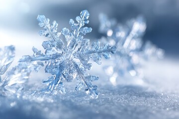Close up of intricate snowflakes on soft snow background in winter light