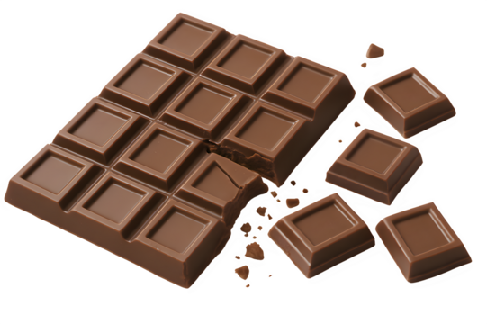 Delicious milk chocolate bar broken into pieces isolated on transparent background
