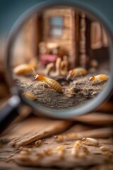 Close-up of termites under a magnifying glass, on damaged wooden furniture. Pest infestation, extermination or pest insect control solutions in the household. 