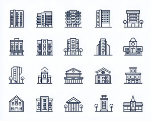 set of building icons, such as city, apartment, condminium, town