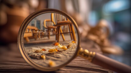 Close-up of termites under a magnifying glass, on damaged wooden furniture. Pest infestation, extermination or pest insect control solutions in the household. 