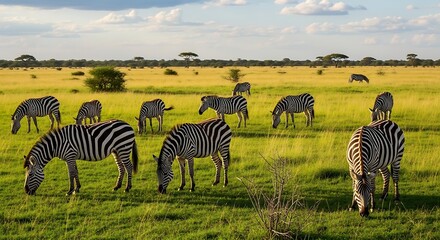 Fototapeta premium Majestic herd of zebras grazing peacefully in the golden savanna grasslands under a vast expansive sky