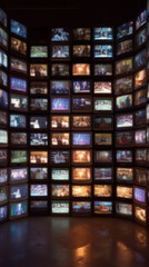 Blurred background of Wall of multiple televisions, each screen displaying different scenes. Overwhelming atmosphere, symbolizing media overload, propaganda, and the impact of constant news coverage.
