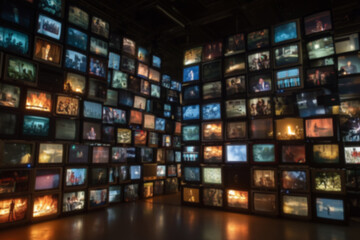 Blurred background of Wall of multiple televisions, each screen displaying different scenes. Overwhelming atmosphere, symbolizing media overload, propaganda, and the impact of constant news coverage.