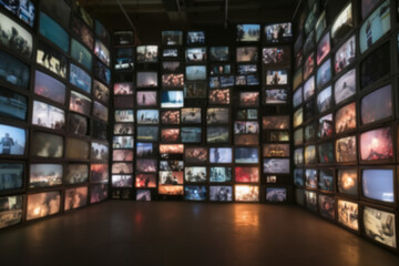 Blurred background of Wall of multiple televisions, each screen displaying different scenes. Overwhelming atmosphere, symbolizing media overload, propaganda, and the impact of constant news coverage.