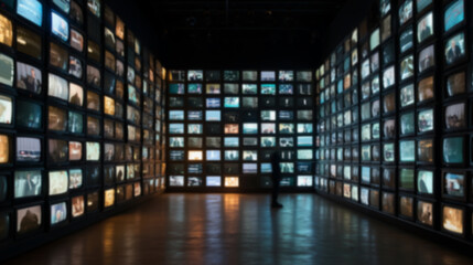 Blurred background of Wall of multiple televisions, each screen displaying different scenes. Overwhelming atmosphere, symbolizing media overload, propaganda, and the impact of constant news coverage.