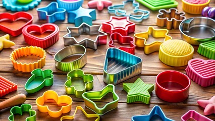Colorful assortment of cookie cutters in various shapes and sizes scattered on a wooden table, baking and cooking theme