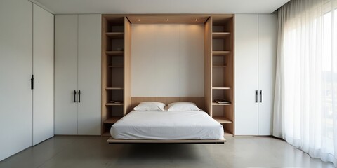 Minimalist compact bedroom with Murphy bed and integrated storage in soft daylight