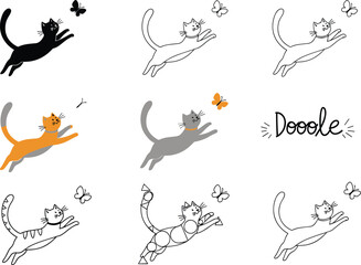 Playful doodle cats chasing butterflies – hand-drawn cartoon vector illustrations in various whimsical, geometric, and colorful styles