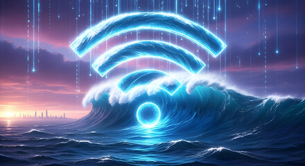Glowing Wi-Fi symbol amidst a crashing wave, futuristic cityscape at sunset.