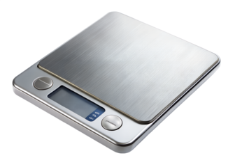 A modern digital kitchen scale with a stainless steel surface, isolated on a transparent background