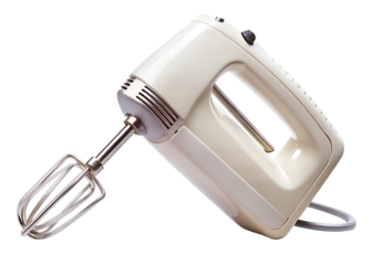 A vintage electric hand mixer with beaters, isolated on a transparent background