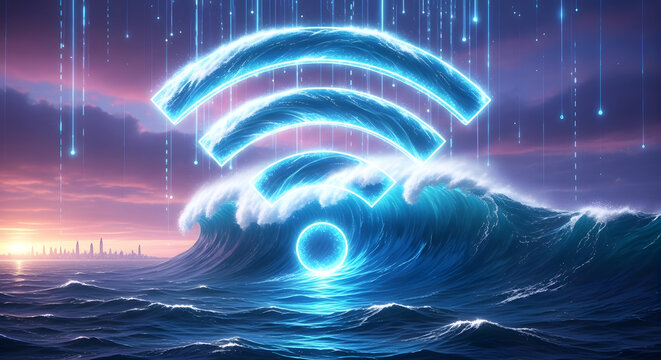 Glowing Wi-Fi symbol amidst a crashing wave, futuristic cityscape at sunset. - Powered by Adobe