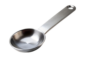A single stainless steel measuring spoon, isolated on a transparent background