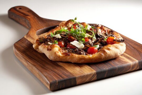 Delicious artisan pizza with fresh vegetables on a wooden cutting board