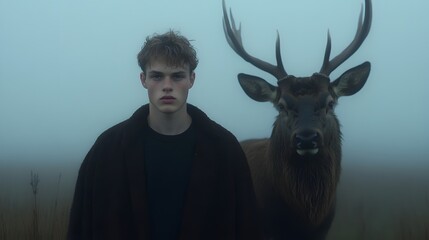 Young man with stag in foggy meadow, Atmospheric portrait of human animal unity, Symbolic wilderness bond, Cinematic moody aesthetic with minimal composition and earthy tones