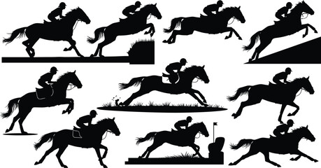 Black silhouettes of horse riders jumping and galloping, showing dynamic equestrian action, horse jumping obstacles and horse riding