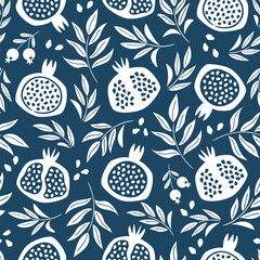 Rosh Hashanah Holiday monochrome seamless pattern on dark background. Traditional Jewish New Year symbols - pomegranate - for Shanah Tovah. Perfect for floral greeting cards
