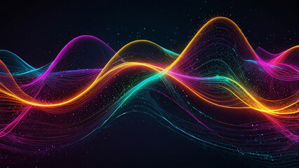 Fototapeta premium Abstract colorful liquid streams and swirls on a dark background with floating bubbles.