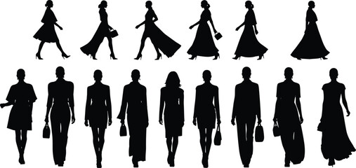 Women fashion silhouettes walking, elegant dresses and coats, handbags, high heels, runway models, black vector illustrations, stylish poses