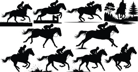 Horse jumping and riding silhouettes with jockeys, cross-country equestrian sport, outdoor obstacles, forest scene, black vector illustration