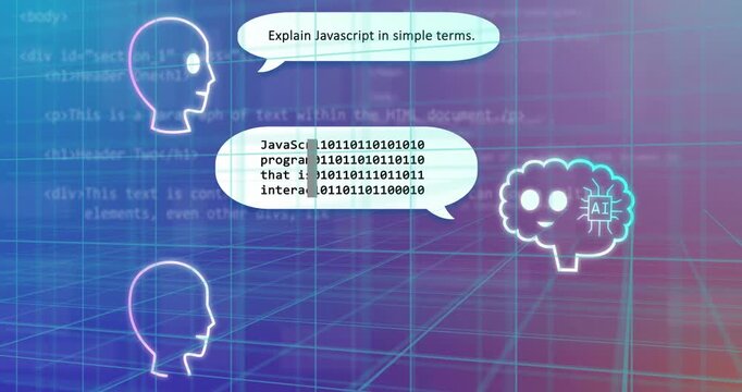 Explaining JavaScript in simple terms, animation over digital heads and AI brain