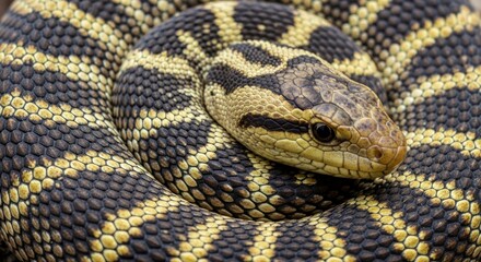 Fototapeta premium Close-up view of a snake's intricate, patterned scales, showcasing a striking array of dark and light hues.