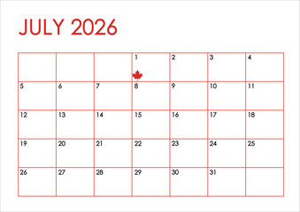 July month 2026 calendar - Sunday to Saturday format. Simple design in red and black colors and a maple leaf marking Canada Day on July 1st	