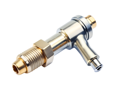 A shiny metal valve with a gold fitting isolated on a transparent background