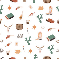 Seamless pattern with western elements. Cowboy boot and hat, cactus, bull skull, revolver, sheriff badge, matches, beer. Wild west theme. Hand drawn vector design 