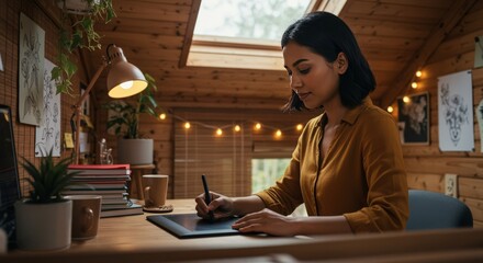 Young South Asian woman focused in eco-friendly loft home office using graphic tablet stylus