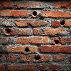 Close-up of a weathered brick wall with multiple holes, showing texture and character. The rustic pattern and aged appearance evoke a sense of history and durability