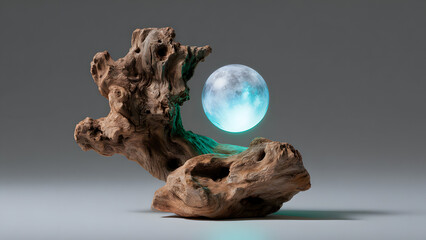 Glowing orb balances on weathered driftwood sculpture, illuminating the unique texture.