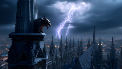 Gargoyle overlooks city during lightning storm from gothic cathedral roof.