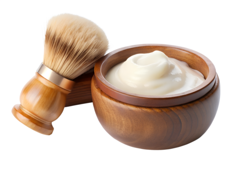 Shaving cream in a wooden bowl with a shaving brush, isolated on transparent background