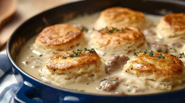 Savory sausage gravy biscuit casserole served on rustic kitchen table setting