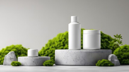 White cosmetic bottles and cream jar on stone with green moss, natural mockup scene