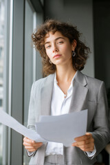 Young professional woman holding sheets of paper, rehearsing a speech in a modern corporate office, preparing for a presentation, job interview, or public speaking event. 