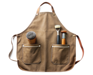 Brown canvas barber apron with brushes and tools isolated on transparent background