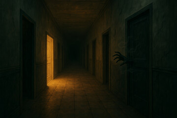 Dark hallway with eerie lighting and mysterious hand